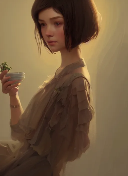 Prompt: a beautiful brown - haired girl with a summer dress in cafe, intricate, elegant, highly detailed, digital painting, artstation, concept art, smooth, sharp focus, illustration, ethereal, misty, by ilya kuvshinov and jeremy mann, 8 k, octane render