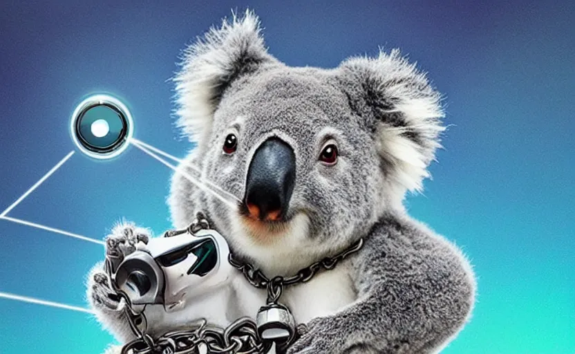 Prompt: “ cute koala with very big eyes, wearing a bandana and chain, holding a laser gun, standing on a desk, digital art, award winning, in the style of the movie madagascar ”