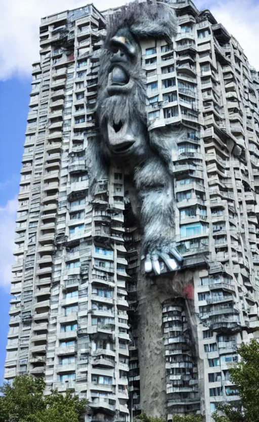 Image similar to giant monster with apartment in its chest, humans looking out from the windows embedded in the monster's chest, living apartment building, apartment building in the shape of a monster, monster made of apartment building