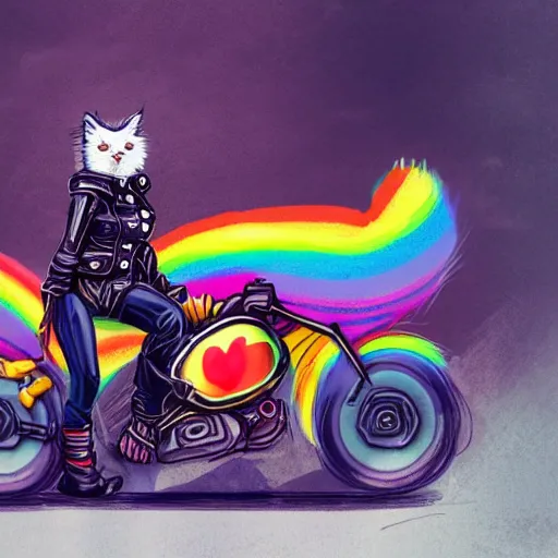 Image similar to wide angle full body, jacket wearing fluffy cute rainbow kitten wearing a black leather motorcycle jacket, riding on a motorcycle, cinematic concept art