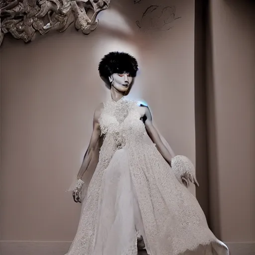 Image similar to a beautiful young korean male wearing a translucid lace wedding gown designed by alexander mcqueen, photographed by andrew thomas huang for a fashion editorial