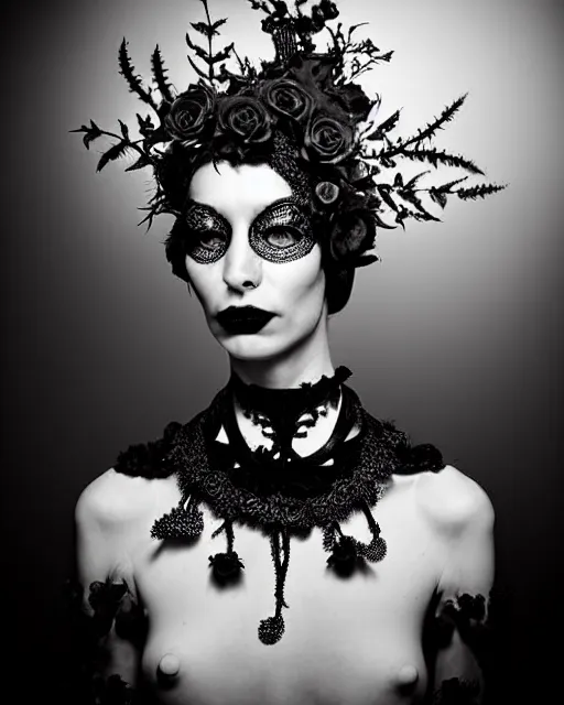 Prompt: dark surreal poetic black and white photo of a beautiful young silver bio-mechanical-female-vegetal-cyborg with a fur metal fine lace face, a very long neck and a fine metal floral foliage super big gothic lace collar and very high big floral crown with many black dry roses by Vivienne Westwood:: smoke, high fashion, haute couture, rococo, avant-garde, silver filigree details, anatomical, facial muscles, cable wires, microchip, elegant, dreamy, foggy atmosphere, hyper realistic, 150 mm lens, soft rim light, octane render, unreal engine, picture was taken in 1910 by Man Ray, volumetric lighting, dramatic light,8k,