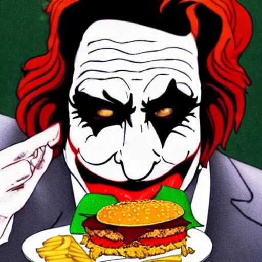 Prompt: Joker eating burger while extremely sad and crying tears