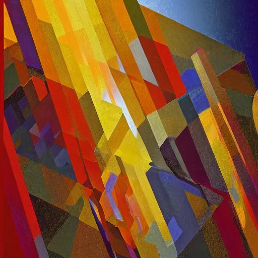 Image similar to masterpiece abstract intricate painting of layers of rocky material. highly geometric slanting down. isometric view. beautiful use of light and shadow to create a sense of depth and movement. using energetic brushwork and a limited color palette, providing a distinctive look and expressive quality in a mathematical composition