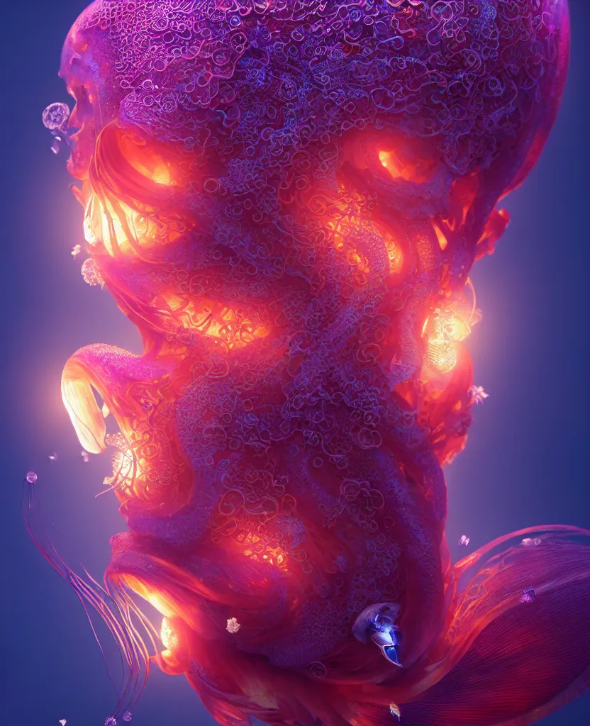 Image similar to goddess close-up portrait. orchid jellyfish phoenix head, nautilus, skull, betta fish, bioluminiscent creatures, intricate artwork by Tooth Wu and wlop and beeple. octane render, trending on artstation, greg rutkowski very coherent symmetrical artwork. cinematic, hyper realism, high detail, octane render, 8k