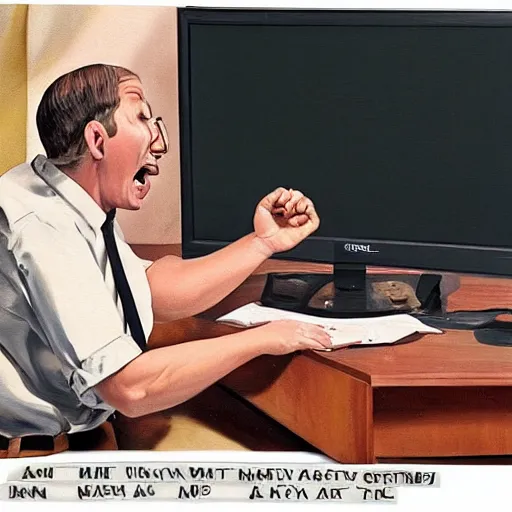 Image similar to an angry man screams at his computer monitor, oil on canvas, 1 9 6 7, highly detailed