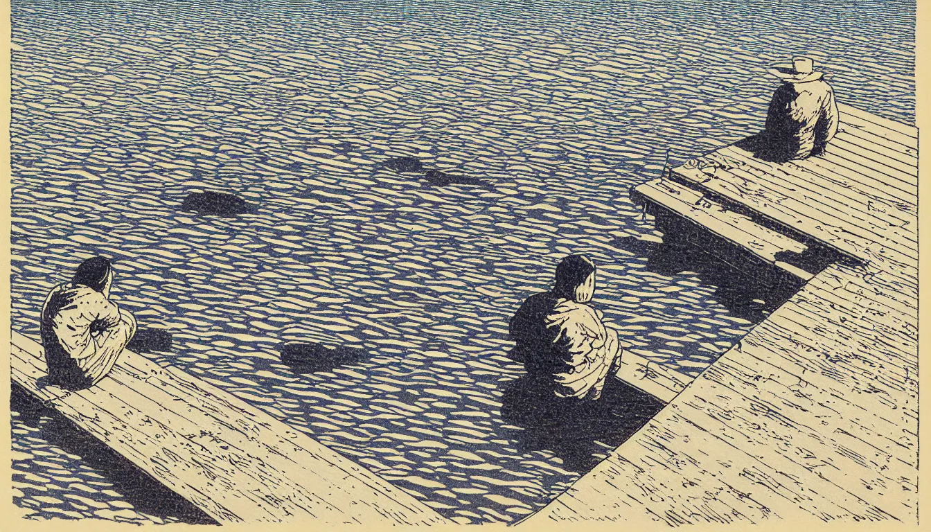 Image similar to sitting at the end of the dock by woodblock print, moebius