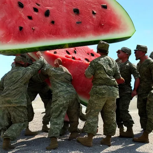 Image similar to The military was called in to try to stop the giant watermelon, but their weapons had no effect on it. The watermelon just kept coming, smashing everything in its path. , Film scene