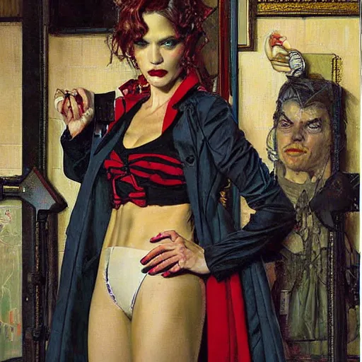 Image similar to portrait of an urban female vampire, with an unusual sense of fashion, by donato giancola and norman rockwell.