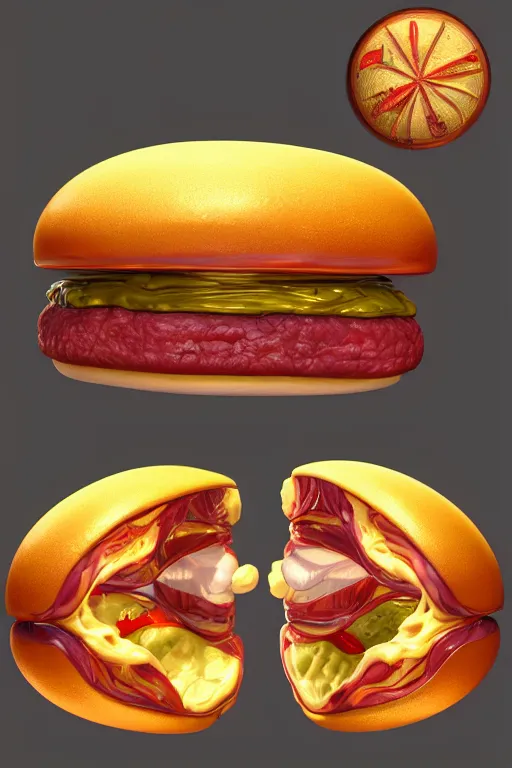 Image similar to a faberge hamburger, anatomy, bathed in light, highly detailed, photorealistic, artstation, smooth, sharp focus, illustration, unreal engine 5, 8 k, art by artgerm and greg rutkowski and edgar maxence