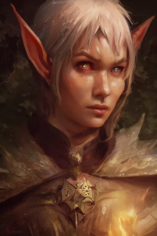 Image similar to dungeons and dragons elf cleric character closeup portrait, dramatic light, epic forest background, 2 0 0 mm focal length, painted by stanley lau, painted by greg rutkowski, painted by stanley artgerm, digital art, trending on artstation