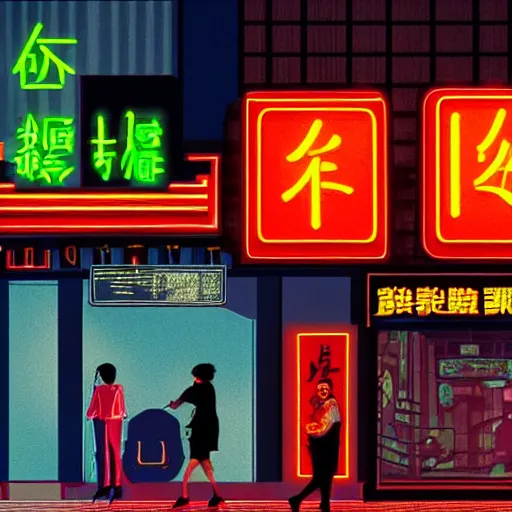 Image similar to cyberpunk street corner at night with neon signs in chinese, a McDonald's restaurant, people walking the street in the style of Edward Hopper