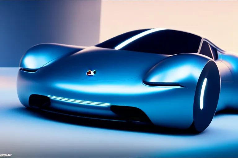 Image similar to futuristic ( porsche designed by apple ) on a track, natural light, detailed, canon eos c 3 0 0, ƒ 1. 8, octane render, 3 5 mm, 8 k, medium - format print, blue light accents