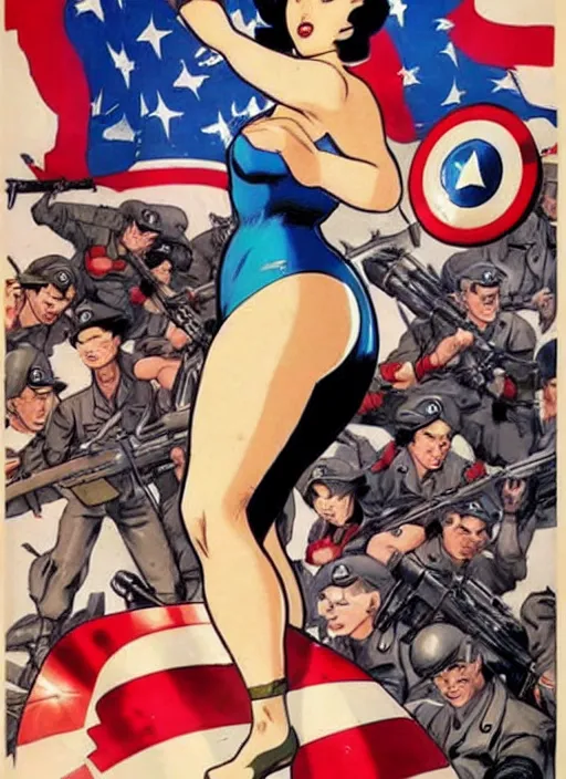 Prompt: asian female captain america standing on a pile of defeated ss soldiers. feminist captain america wins ww 2. american ww 2 propaganda poster by masamune shirow and pixar. gorgeous face. pin up. overwatch.