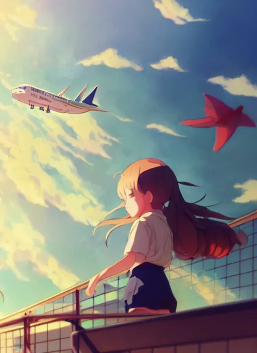 Image similar to girl stand on the playground, see a plane falling down towards the ground, view from below, illustration concept art anime key visual trending pixiv fanbox by wlop and greg rutkowski and makoto shinkai and studio ghibli