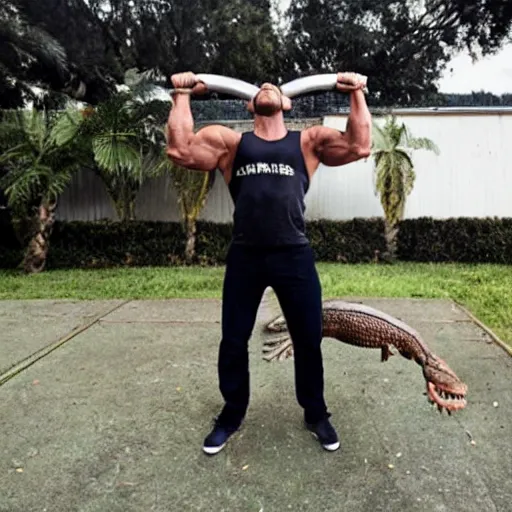 Prompt: photo of a man lifting an alligator above his head in the manner of weightlifting