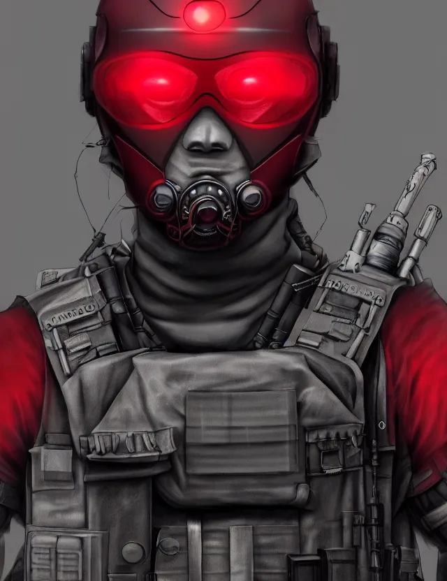 Image similar to a detailed manga portrait of a masked special forces soldier wearing dark red advanced demon - resistant cyborg tactical gear, trending on artstation, digital art, 4 k resolution, detailed, high quality, sharp focus, hq artwork, coherent, insane detail, character portrait