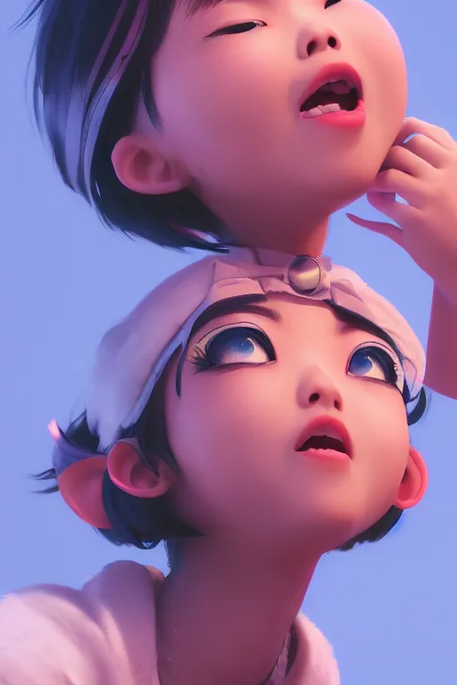 Image similar to a cute Asian girl singing, short stylish hair in the style of DreamWorks animation, mid-shot, low angle view, 16mm lens, award winning, hyper detailed, studio lighting, artstation, octane renderer, unreal engine