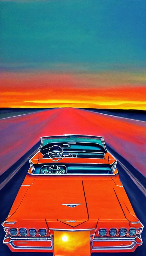 Prompt: far away, top down shot, 1 9 6 3 cadillac convertible driving down empty highway into a bright orange sunrise, water painting, high detail