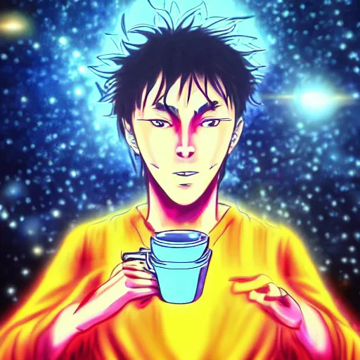 Image similar to A man drinking a cup of cosmic energy bright light by Hideaki Sorachi, 4k, digital art, surreal, anime style,