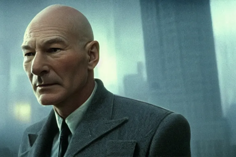 Image similar to film still, patrick stewart playing detective in blade runner, 8 k