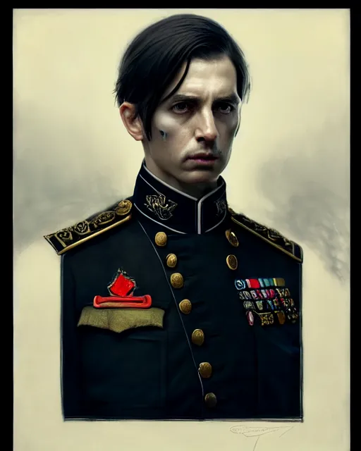 Prompt: realistic portrait of a young handsome war general in his black uniform, greg rutkowski, seb mckinnon, matte painting, delicate, facing the camera, mysterious, hyper realism, 1 4 5 0, ink, ultra realistic, 8 k