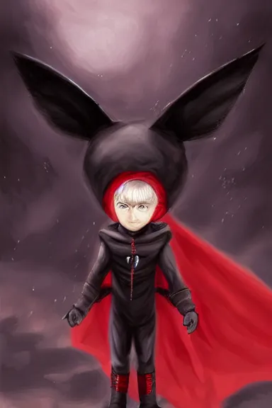 Image similar to little boy with cat ears in an black outfit with red cape. digital painting made by lois van baarle and kentaro miura and marc simonetti and sakimichan, sharpness focus, inspired by hirohiko araki, anatomically correct, heroic composition, hero pose, smooth