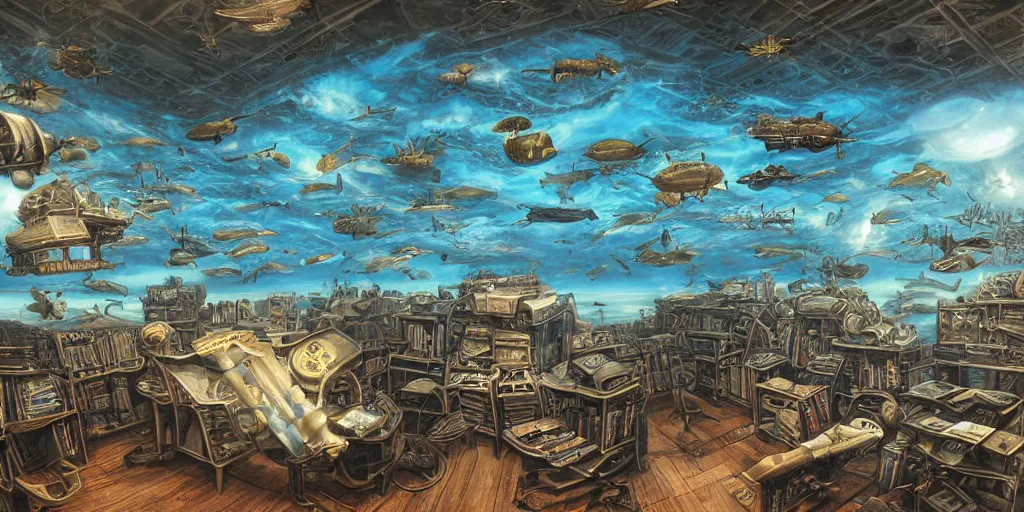 Image similar to cyborg fly in sky steampunk oceanographer study, maps crowding the walls, bookshelves, paintings of ocean topography, sonar equipment, marine biologist lab, bookshelves, incandescent lighting, unreal engine, bibliopunk