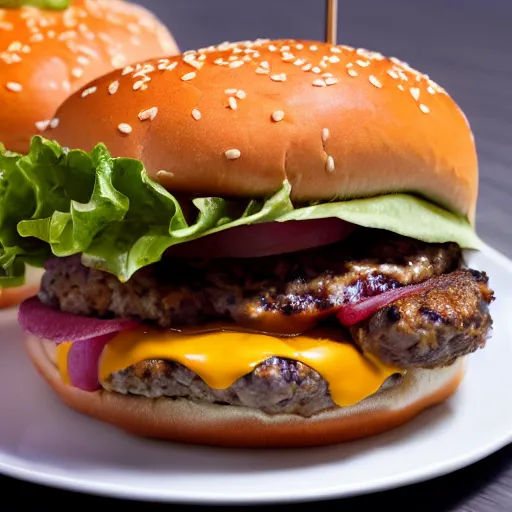 Image similar to Delicious cheeseburger, close up