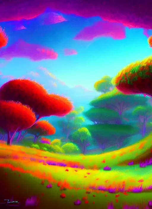 Image similar to painting of a colorful landscape, in a fantasy world, digital painting, hd, illustration, art by tokenin, trending