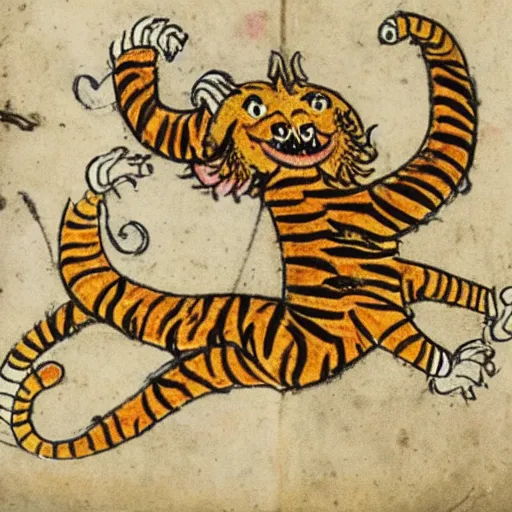 Image similar to bad drawn tiger of fire with many legs flying in a medieval manuscript, medieval manuscript, golden miniatures