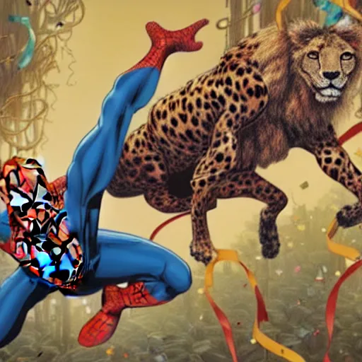 Image similar to Spiderman and superman are riding on cheetah and a lion running through the forest and surrounded by colorful ribbons and party confetti , concept art, huge scale, high detail, sci fi by James Jean