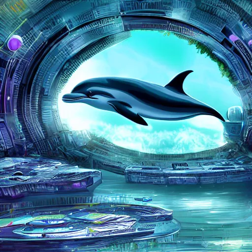 Image similar to an alien dolphin city, sci-fi digital art illustration,