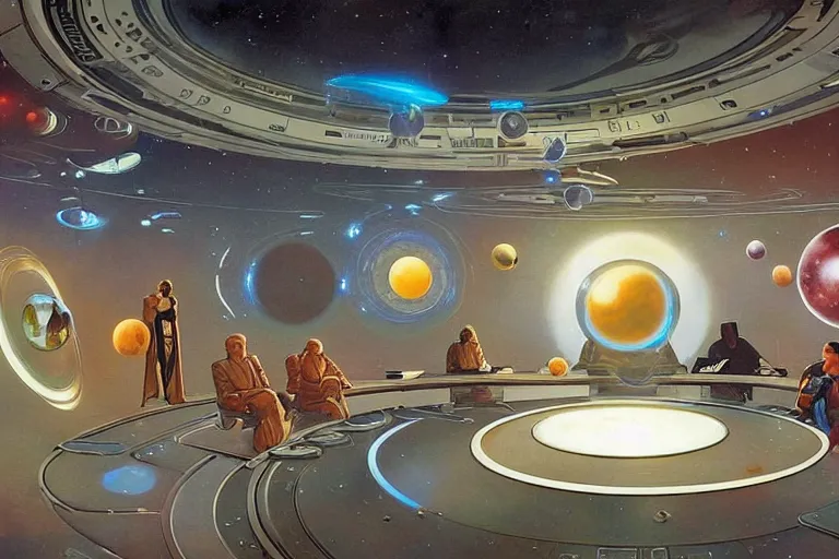 Image similar to ground view of a science fiction circular meeting room with bright holodesk in the center showing levitating planets of a solar system, dark people discussing, contrasted light, clair obscur, star wars vibe, star treck vibe, by greg rutkowski, by alphonse mucha, by moebius!!!, vivid colors