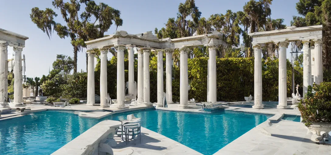 Prompt: greek - inspired, classical architecture - inspired midcentury house with marble columns. statue of venus in backyard overlooking decorative neptune pool with dark blue tiles under water on pool floor. built in 1 9 5 9 in santa monica. fujinon premista 1 9 - 4 5 mm t 2. 9. portra 8 0 0.