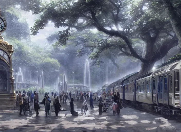 Image similar to A train subway inside a beautiful elven city made of white marble, anime, lush trees, fountain, statue, big clock, information desk, trains, a fantasy digital painting by Greg Rutkowski and James Gurney, trending on Artstation, highly detailed