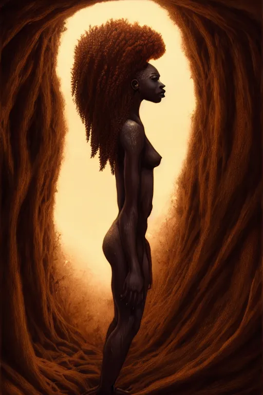 Image similar to A beautiful African Goddess with long flowing ginger hair on a ledge od deep abyss fantasy, intricate, elegant, highly detailed, D&D, digital painting, artstation, concept art, matte painting, sharp focus, illustration, extremely moody lighting, glowing light and shadow, atmospheric, shadowy, cinematic, in the style of Greg Rutkowski and artemisia gentileschi and Alphonse Mucha