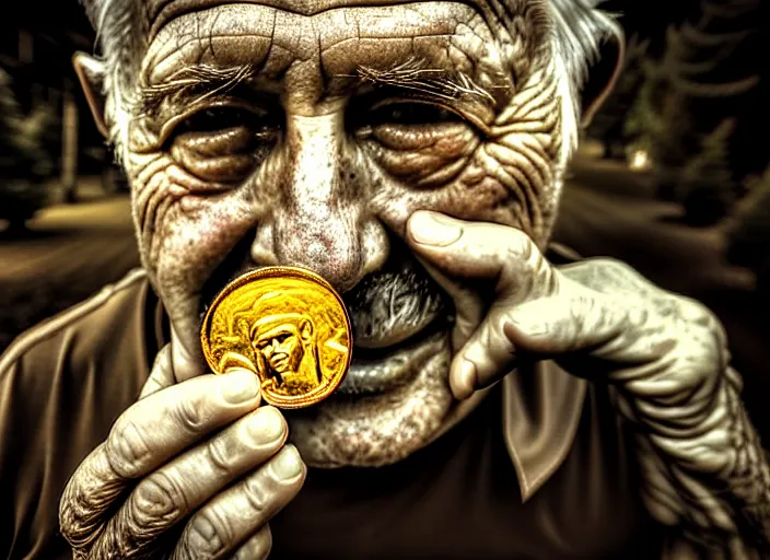 Image similar to old retro burnt out sepia photograph with scratches of an old and wrinkled man biting into a golden coin with his teeth. magical forest in the background with bokeh. Antique. High quality 8k. Intricate. Sony a7r iv 35mm. Award winning.