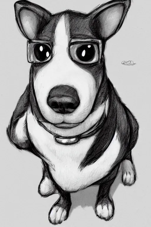 Image similar to cute jack black and white russel terrier scratching his ear, large round eyes, living room, sketch, concept art, game art, character sheet, character design, sketch by cory loftis and bill schwab