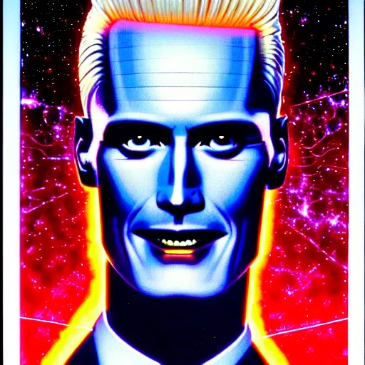Image similar to uhd hyperrealistic photorealisitc detailed image of cosmic max headroom with sparking, busted, broken cybernetic implants, correct face, matt frewer as max headroom by ayami kojima, amano, karol bak, and ferdinand knab.