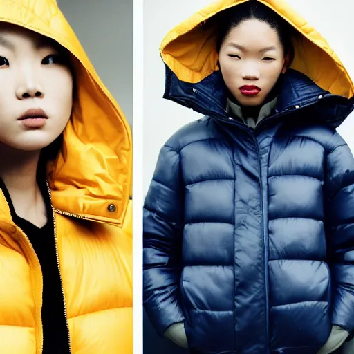 Image similar to realistic photoshooting for a new balenciaga lookbook, color film photography, portrait of a blonde asian woman, model wearing a puffer jacket, photo in style of tyler mitchell, 3 5 mm,