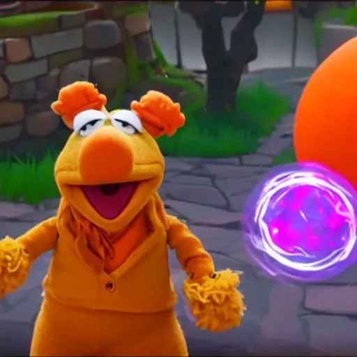 Prompt: bip bippadotta from the muppets as a wizard, furry orange puppet, in fortnite