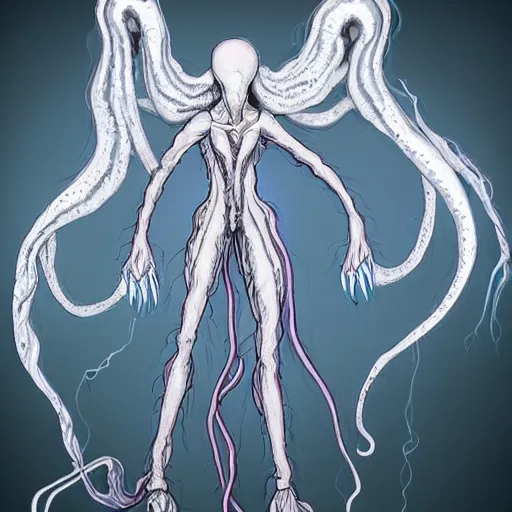 Image similar to concept designs for an ethereal wraith like figure with a squid like parasite latched onto its head and long tentacle arms that flow lazily but gracefully at its sides like a cloak while it floats around a forgotten kingdom in the snow searching for lost souls and that hides amongst the shadows in the trees, this character has hydrokinesis and electrokinesis for the resident evil village video game franchise with inspiration from the franchise Bloodborne and the mind flayer from stranger things on netflix