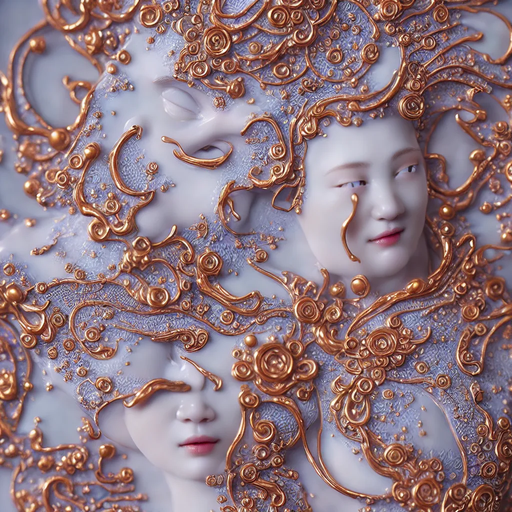 Prompt: A Close up photo-real delicate ceramic porcelain sculpture of an ornate detailed in front of an intricate background by Victo Ngai, micro detail, backlit lighting, face in focus, thin porcelain, octane renderer, colorful, physically based rendering, trending on cgsociety