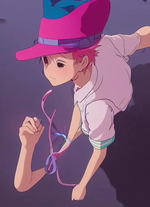 Image similar to a girl, with a wavy short pink hair and pink fedora hat, wearing a light pink jacket with a blue tie, purple gloves and blue jeans shorts. She is holding blue strings on her hand, rich vivid colors, ambient lighting, dynamic lighting, 4k, official media, anime key visual, makoto shinkai, ilya kuvshinov, lois van baarle, rossdraws, detailed, trending on artstation