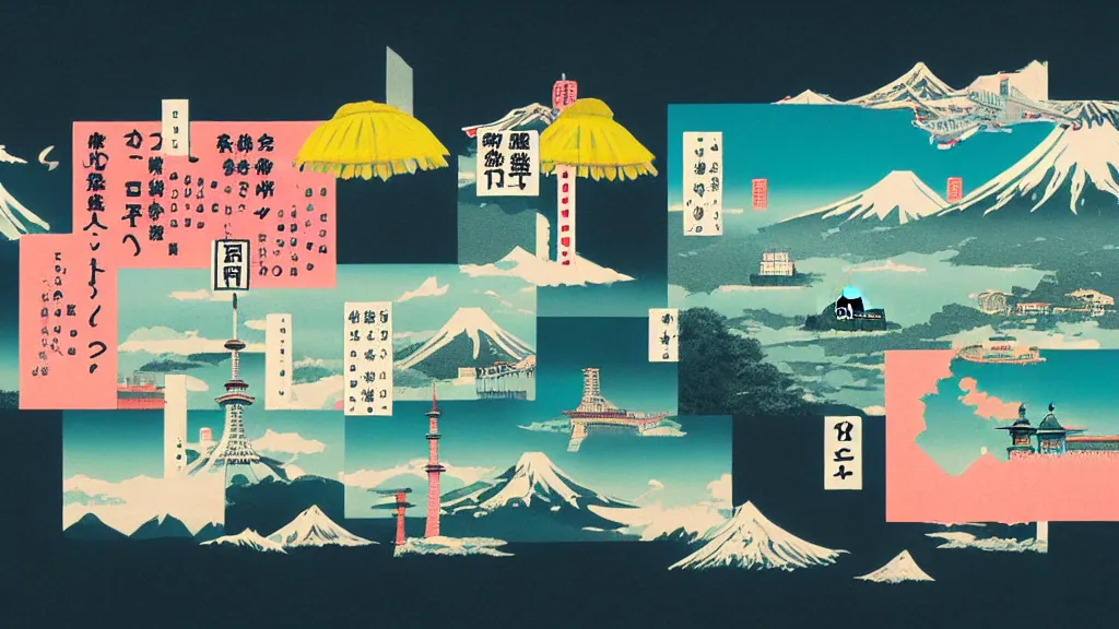 Image similar to travel and tourism, japan, a collage painting, in the style of wes anderson, lola dupre, david hockney, isolated on negative white space background dark monochrome neon spraypaint accents volumetric octane render
