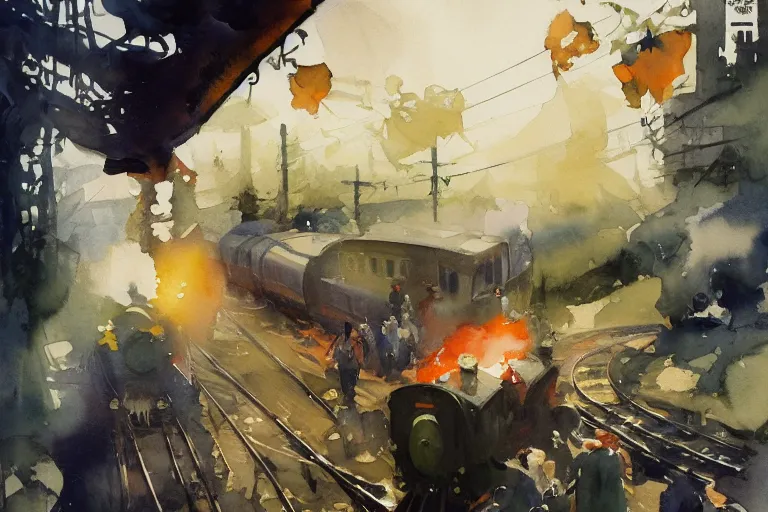 Image similar to small centered on watercolor paper, paint brush strokes, abstract watercolor painting of steam train voyage, cinematic light, national romanticism by anders zorn, by hans dahl, by jesper ejsing, by greg rutkowski, by greg manchess, by tyler edlin, by craig mullins