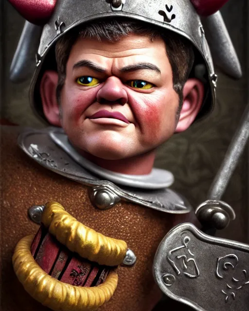 Image similar to highly detailed closeup, face profile portrait of a tin toy matt damon as a medieval demon with horns eating cakes in a castle, hyper realistic, artstation, illustration, nicoletta ceccoli, mark ryden, lostfish, dan decarlo, bob clampett, max fleischer, digital paint, matte paint, vivid colors, detailed and intricate environment