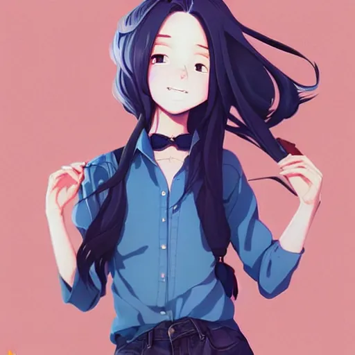 Image similar to urban school girl in shirt fanart, dark blue long hair, muted colors, matte print, pastel colors, ornate, digital art, cute smile, digital painting, fan art, elegant, pixiv, by Ilya Kuvshinov, by Studio Ghibli