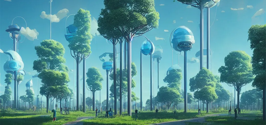 Image similar to futuristic solarpunk park, bright blue skies, towering digital trees sci - fi, digital art by beeple and simon stalenhag